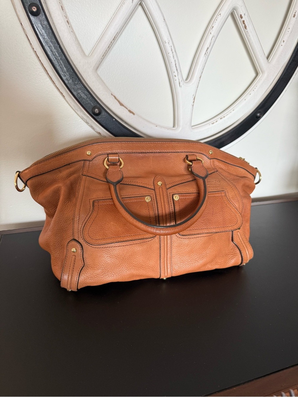 Lauren Ralph Lauren Cognac Pebbled Leather Satchel Tote